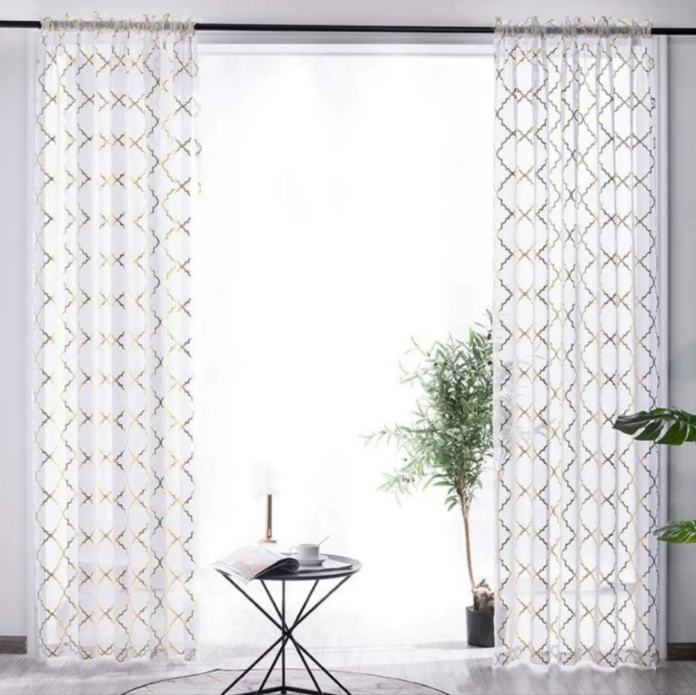 White Sheer Curtains‎ 84 inches Long Trellis Gold Foil Curtains